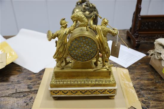 Viger of Paris. A Louis XVI ormolu and white marble mantel clock, height 14in.